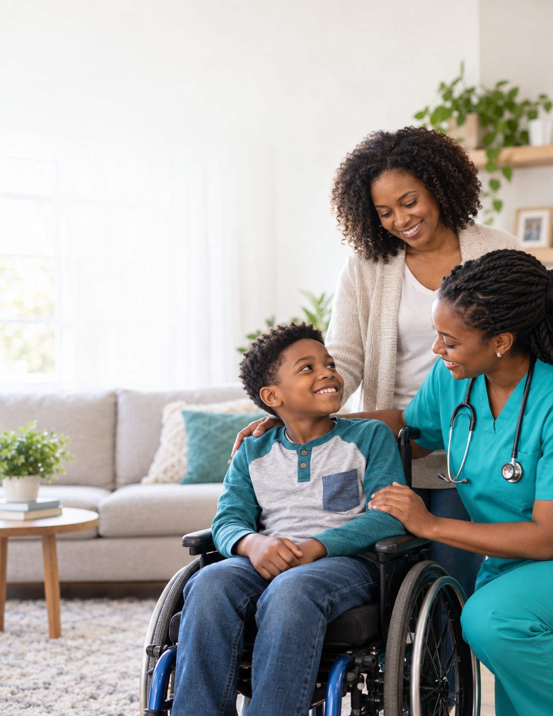 A child in a wheelchair smiling with his mother and home care nurse